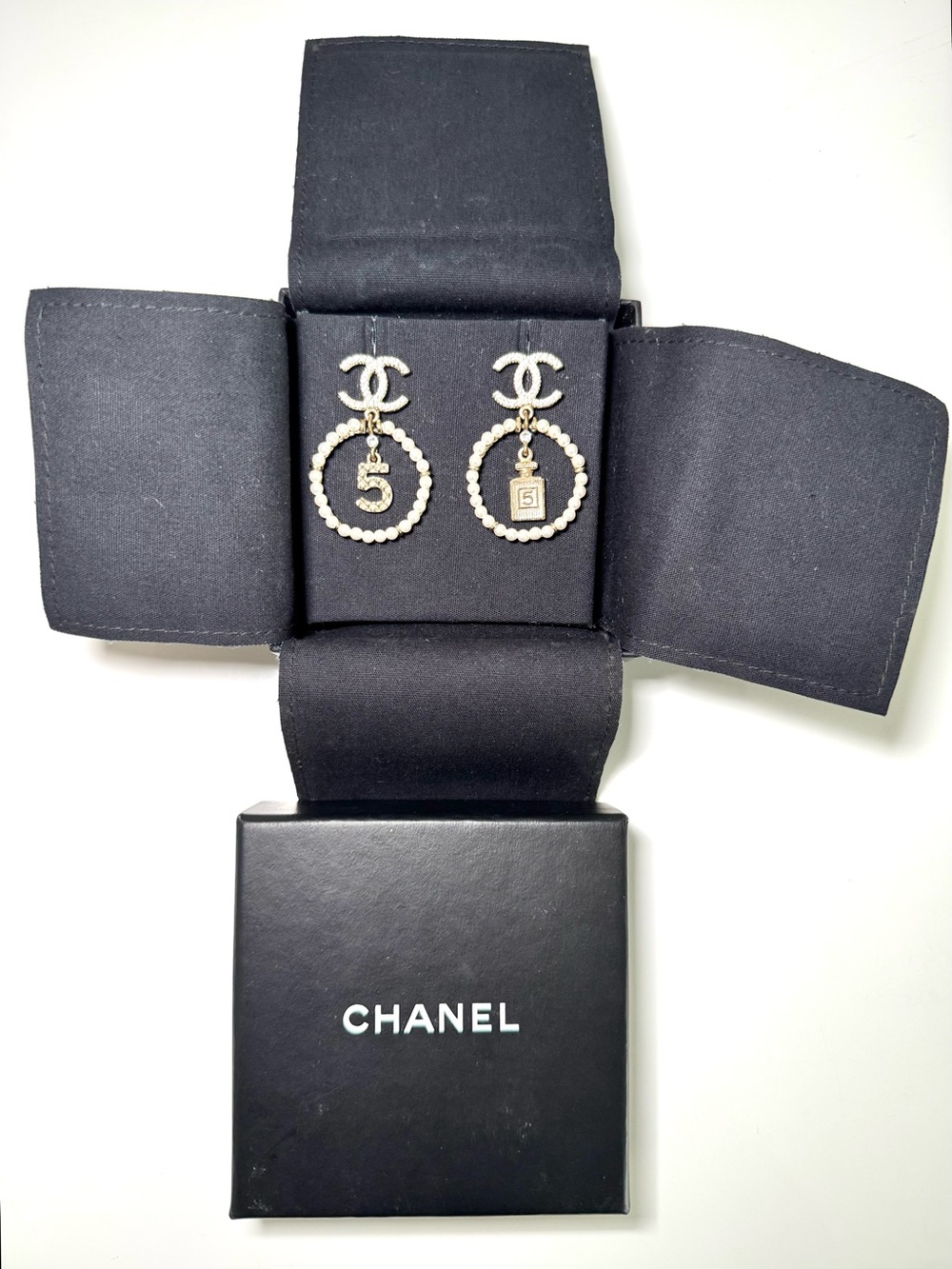 Chanel Crystal Pearl Chanel Charms CC Logo Drop Earrings in Gold W Box